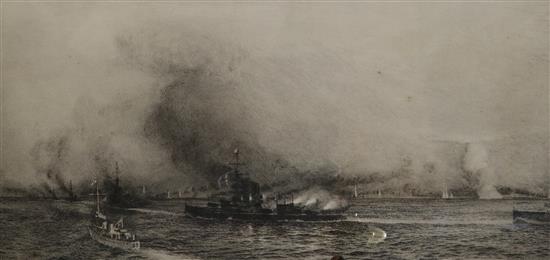 William Lionel Wyllie, etching, HMS Iron Duke at Windy Corner, Jutland, signed in pencil, 29 x 52cm